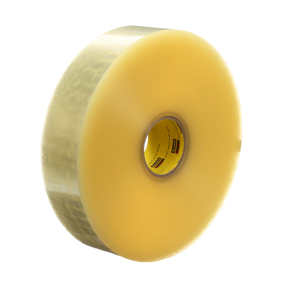 Large roll of Scotch® box sealing tape standing upright with white core diagonally facing left Scotch® 375 Clear Box Sealing Tape (48 mm. x 914 m., 6 Rolls/Case)